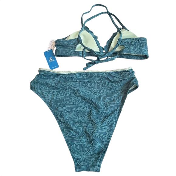 NEW Cupshe SWIMSUIT Women's BIKINI Set MED Scalloped Cross Back High Waist Green - Picture 4 of 15